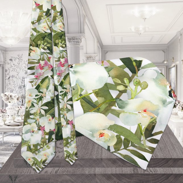 Sparkling White Orchid Wedding Tropical Neck Tie (Creator Uploaded)