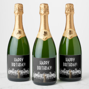 Sparkling Wine Bubbles on Black Personalised Sparkling Wine Label