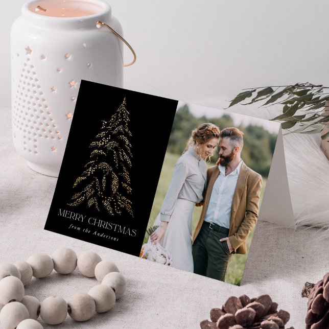 Sparkling Winter Pine Black Merry Christmas Photo Holiday Card (Creator Uploaded)
