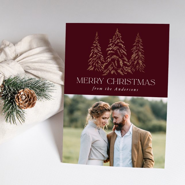 Sparkling Winter Pine Burgundy Merry Christmas Holiday Card (Creator Uploaded)
