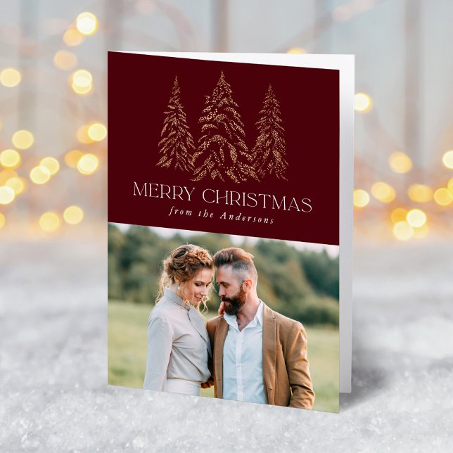 Sparkling Winter Pine Burgundy Merry Christmas Holiday Card (Creator Uploaded)