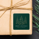 Sparkling Winter Pine Green Merry Christmas Square Sticker<br><div class="desc">Elegant Christmas stickers featuring snowy faux gold foil pine trees with a green background (or colour of your choice). "Merry Christmas" is displayed in a white, modern serif font with your name or custom text below. The personalised holiday stickers are perfect to use for sealing Christmas card envelopes, gift wrapping,...</div>