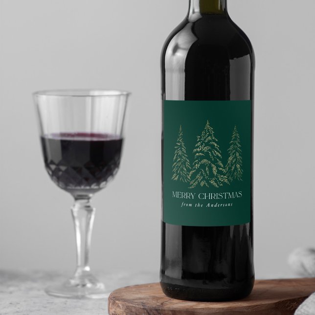 Sparkling Winter Pine Green Merry Christmas Wine Label (Creator Uploaded)