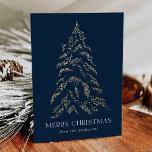 Sparkling Winter Pine Merry Christmas Non-Photo Holiday Card<br><div class="desc">Modern & elegant holiday card featuring a snowy faux gold foil pine tree with a navy background (or colour of your choice). "Merry Christmas" is displayed in a white, modern serif font with your name or custom text below. The non-photo holiday card reverses to display three golden pine trees with...</div>