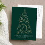 Sparkling Winter Pine Merry Christmas Non-Photo Holiday Postcard<br><div class="desc">Modern & elegant holiday postcard featuring a snowy faux gold foil pine tree with a green background (or colour of your choice). "Merry Christmas" is displayed in a white, modern serif font with your name or custom text below. The non-photo holiday card reverses to display your return address and custom...</div>