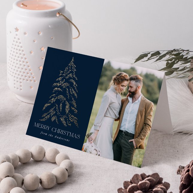 Sparkling Winter Pine Navy Merry Christmas 2 Photo Holiday Card (Creator Uploaded)