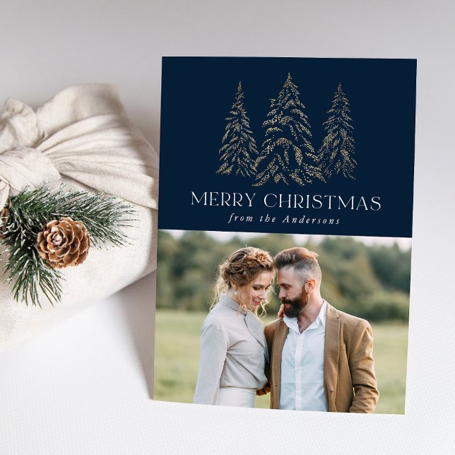 Sparkling Winter Pine Navy Merry Christmas 2 Photo Holiday Card (Creator Uploaded)
