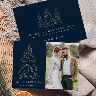 Sparkling Winter Pine Navy Merry Christmas Photo Holiday Card