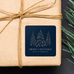 Sparkling Winter Pine Navy Merry Christmas Square Sticker<br><div class="desc">Elegant Christmas stickers featuring snowy faux gold foil pine trees with a navy background (or colour of your choice). "Merry Christmas" is displayed in a white, modern serif font with your name or custom text below. The personalised holiday stickers are perfect to use for sealing Christmas card envelopes, gift wrapping,...</div>