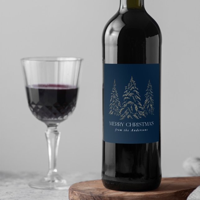 Sparkling Winter Pine Navy Merry Christmas Wine Label (Creator Uploaded)