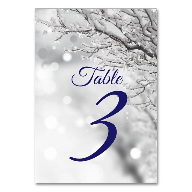 Sparkling Winter Snow & Ice Wedding Table Number (Front)