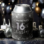 Sparkly 16th Birthday Silver Glitter & Black  Can Cooler<br><div class="desc">Add a touch of glamour to your event with this sleek and stylish can cooler featuring sparkling silver glitter and dazzling stars on a sophisticated black background. Accented with bold balloon-style typography, this design makes a stunning statement for any celebration. Perfect for adding elegance and shine, it’s an ideal keepsake...</div>