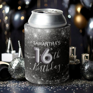 Sparkly 16th Birthday Silver Glitter & Black  Can Cooler