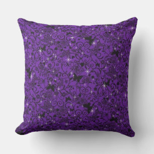 Sparkly Black and Purple Butterfly Floral Pillow