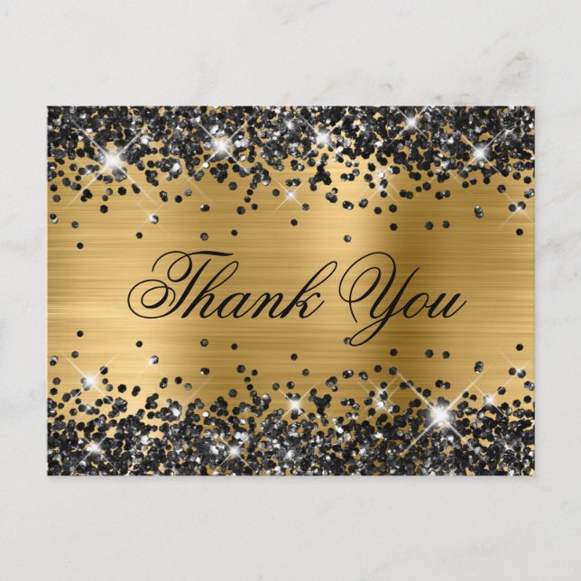 Sparkly Black Glitter Gold Foil Fancy Thank You Postcard (Front)