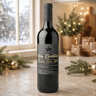 Sparkly Black Gold Merry Christmas Happy New Year Wine Label