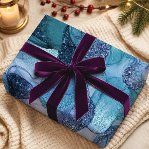 Sparkly Blue Aqua Fluid Marbling Texture Wrapping Paper