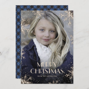 Sparkly Blue Buffalo Plaid Photo Christmas Cards