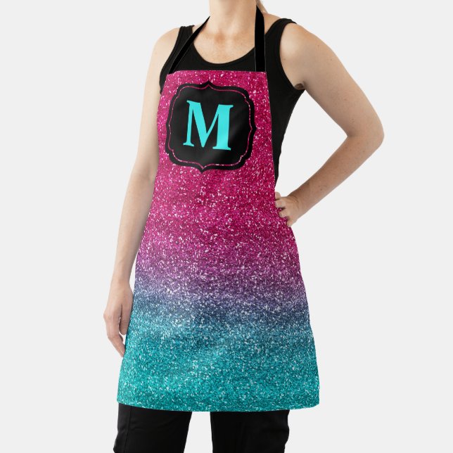 Sparkly Blue & Dark Pink Gradient Glitter Monogram Apron (Insitu)