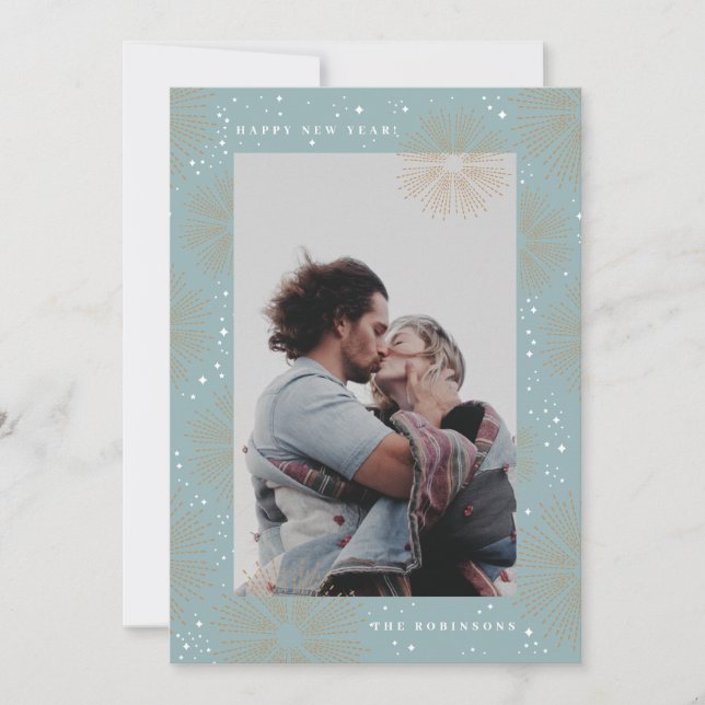 Sparkly Blue Fireworks New Years Photo Card (Front)