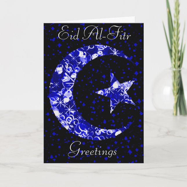 Sparkly Blue Moon and Star Eid Al Fitr Greetings Holiday Card (Front)