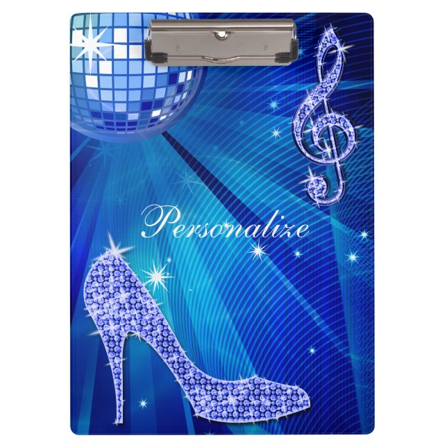 Sparkly Blue Music Note & Stiletto Heel Clipboard (Front)