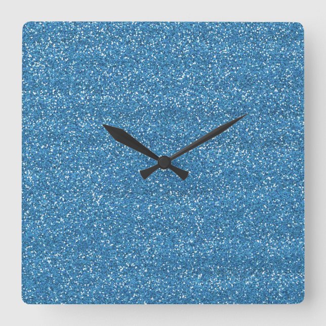 Sparkly Blue & Silver Glitter Square Wall Clock (Front)