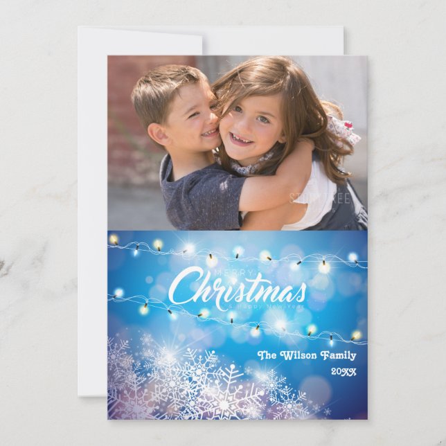 Sparkly Blue Snowflake Christmas Photo Card (Front)