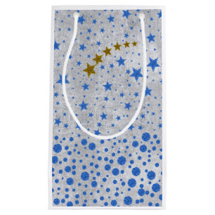 Sparkly blue stars on abstract silver paper small gift bag