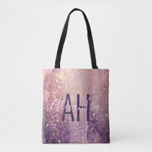 Sparkly bokeh glitter pink purple initials tote bag