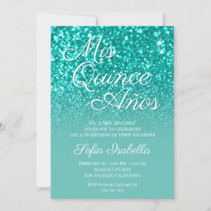 Sparkly Bokeh Teal Glitter Ombre Mis Quince Años Invitation