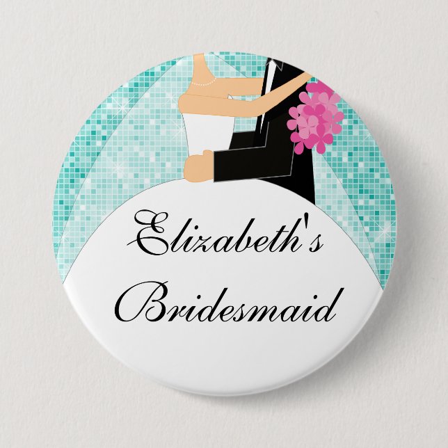 Sparkly Bride Bridesmaid  Button / Pin Turquoise (Front)