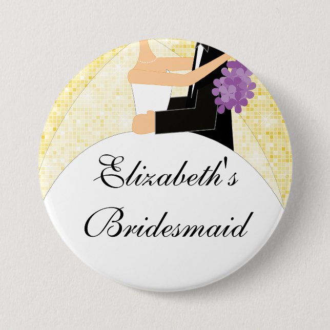 Sparkly Bride Bridesmaid  Button / Pin Yellow (Front)