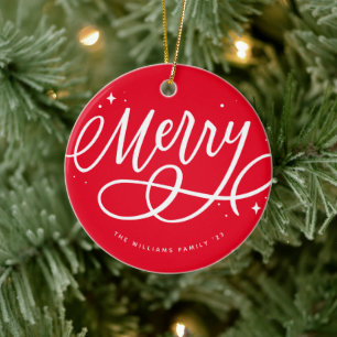 Sparkly Bubbly Script Merry Holiday Ceramic Tree Decoration