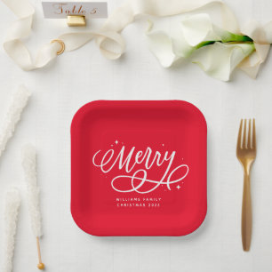 Sparkly Bubbly Script Merry Holiday Paper Plate