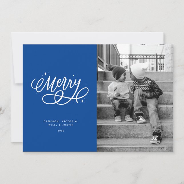 Sparkly Bubbly Script Merry Holiday Photo Card (Front)