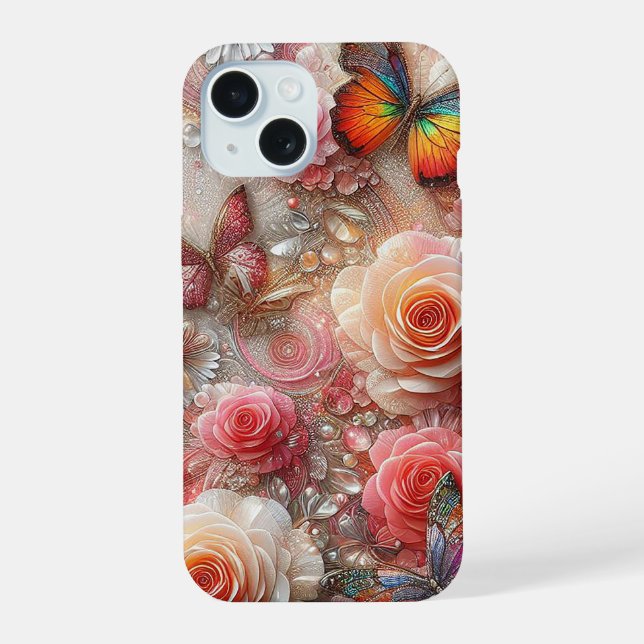 Sparkly Butterflies and roses iPhone 15 Case (Back)