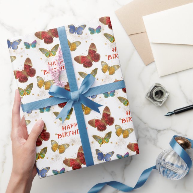 Sparkly Butterfly Stars Birthday Wrapping Paper (Gifting)