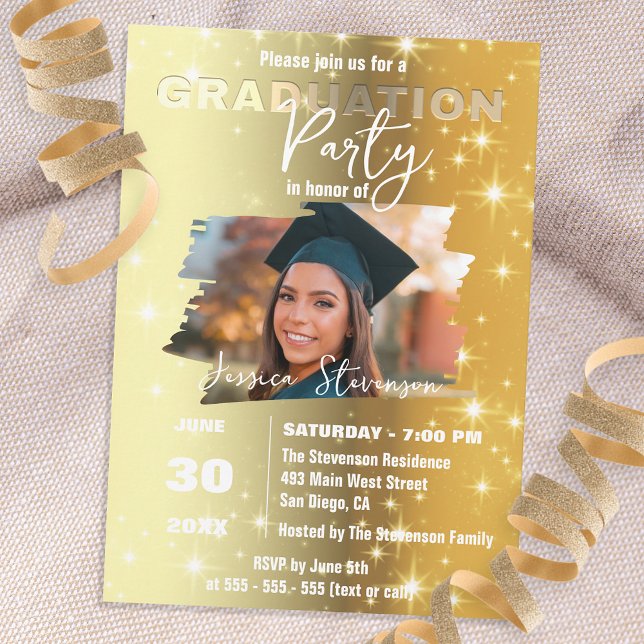 Sparkly Chic Gold Metallic Photo Graduation Party Invitation (Creator Uploaded)