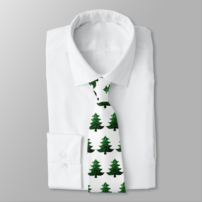 Sparkly Christmas tree green and white pattern Tie (Tied)