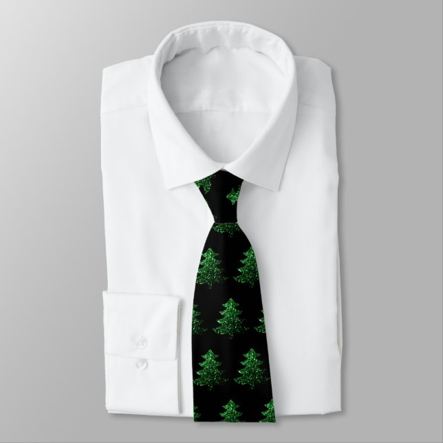 Sparkly Christmas tree green black pattern Tie (Tied)