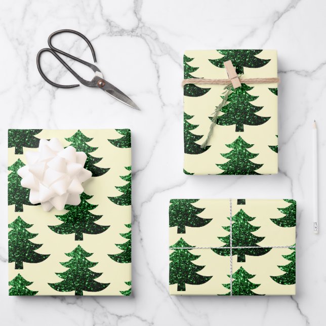 Sparkly Christmas tree green cream pattern Wrapping Paper Sheet (Front)