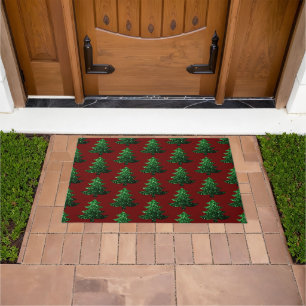 Sparkly Christmas tree green Dark red pattern Doormat