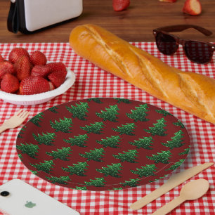 Sparkly Christmas tree green Dark red pattern Paper Plate