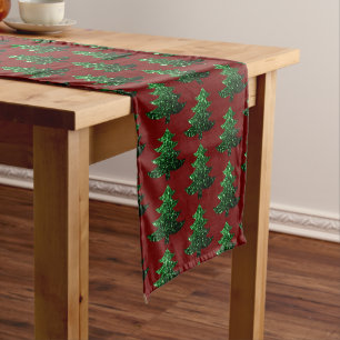 Sparkly Christmas tree green Dark red pattern Short Table Runner