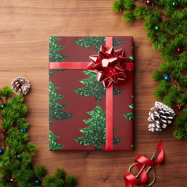 Sparkly Christmas tree green Dark red pattern Wrapping Paper (Holiday Gift)