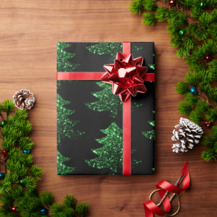 Sparkly Christmas tree green pattern black Wrapping Paper