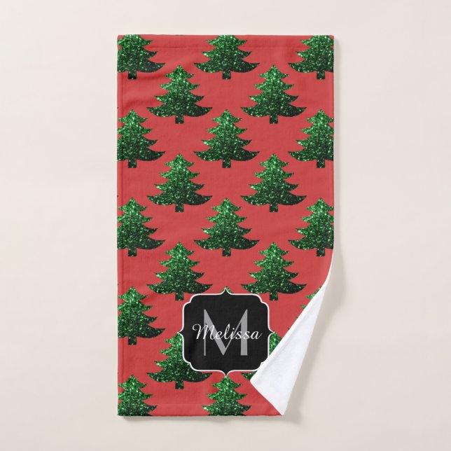 Sparkly Christmas tree green sparkles Monogram red Bath Towel Set (Hand Towel)