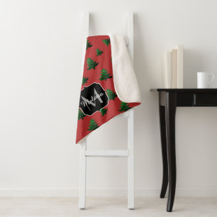 Sparkly Christmas tree green sparkles Monogram red Sherpa Blanket
