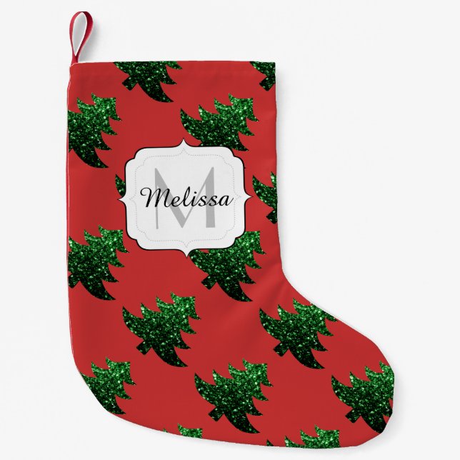 Sparkly Christmas tree green sparkles Monogram red Small Christmas Stocking (Front)